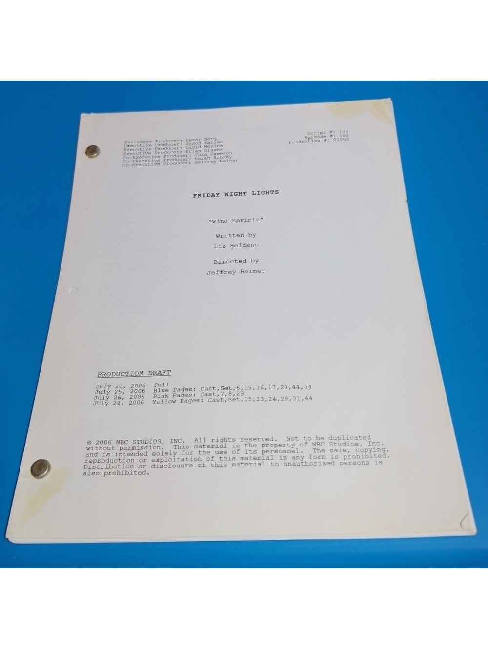 Friday Night Lights TV Production Script Set Used S01E03 With Location Map